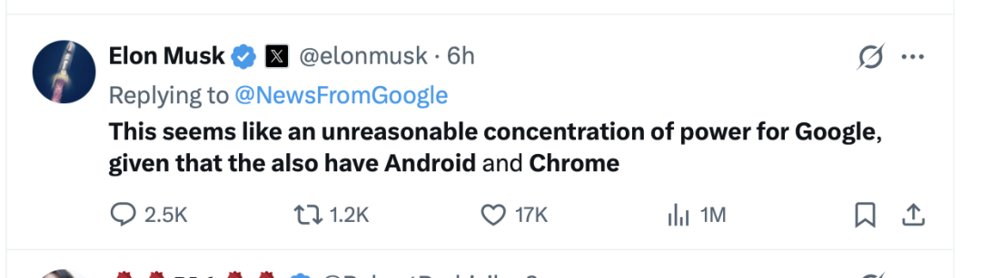 苹果和谷歌谈成一笔大生意，马斯克发文：强烈不满！