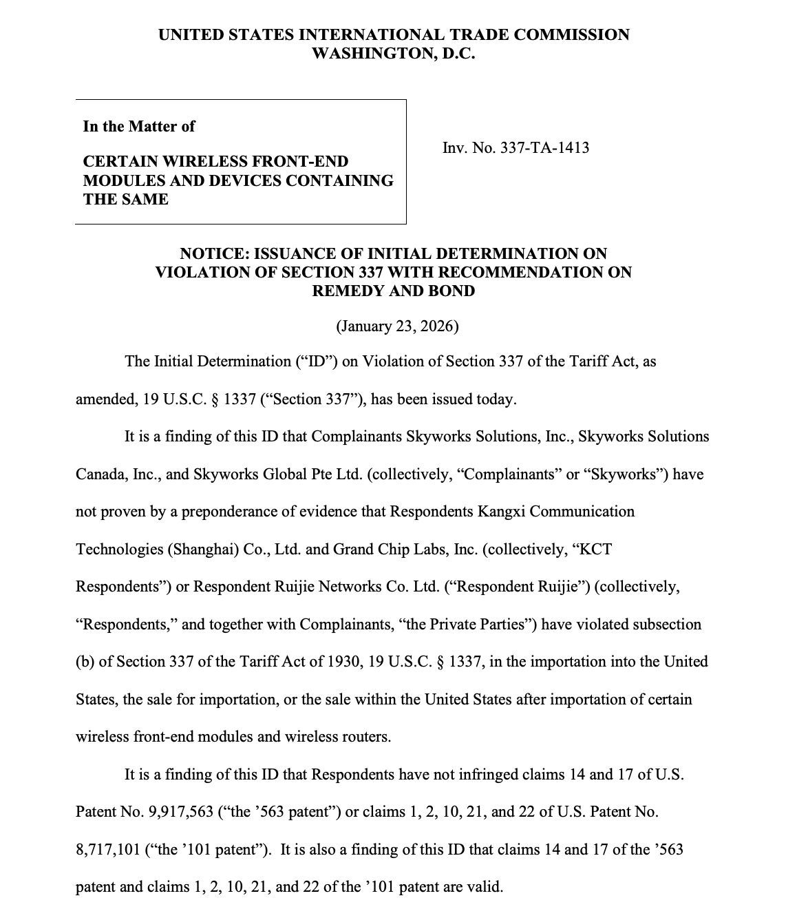耗资约9000万元!康希通信初步击退美国射频巨头Skyworks专利围剿,5项专利“零侵权”