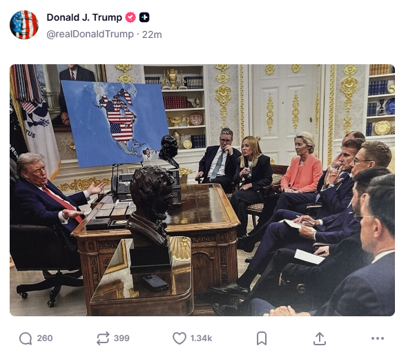 特朗普发了张图，加拿大、格陵兰和委内瑞拉都被涂上星条旗！加拿大：已模拟美军事入侵；美财长警告欧洲：不许关税报复